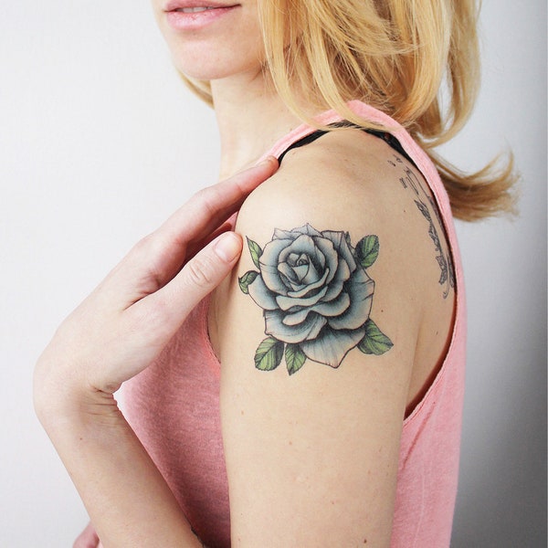 Blaue Vintage Rose - Floral temporäres Tattoo / Tattoo Rose / Blaue Rose Blume / Blaue Rose Tattoo / Blumen Tattoo / Rose temporäres Tattoo