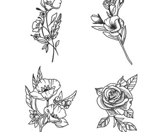 Dainty Flower Set #3 (Set of 4) - Temporary Tattoo / Floral Tattoo/ Flower Temporary Tattoo / Floral Tattoos /Small Tattoos / Dainty Tattoos