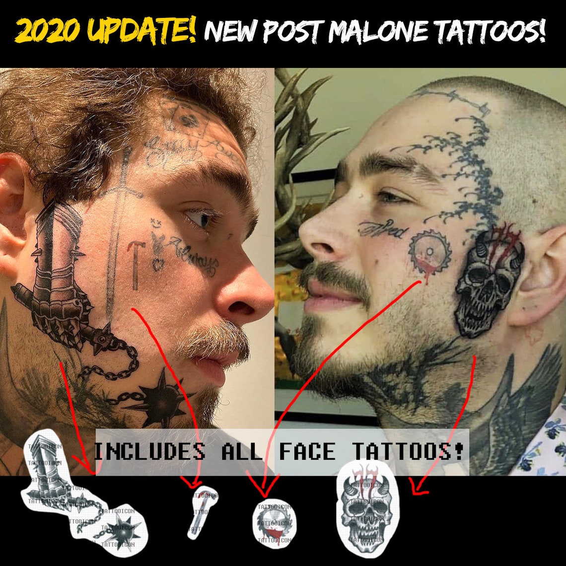2021 UPDATE Post Malone Temporary Tattoo Face Neck Tattoos Etsy