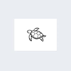 May include: A black and white line drawing of a sea turtle swimming.