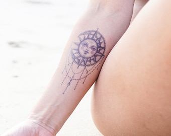 Sun & Moon Tattoo - Sun Temporary Tattoo / Mandala Sun Tattoo