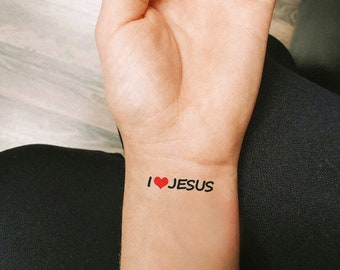 I <3 tatouages de Jésus (lot de 2) - J'aime Jésus tatouage temporaire / tatouage chrétien / cadeau pour lui Jésus / cadeau pour elle Jésus / Jésus foi amour