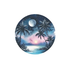 Blue Lagoon Tattoo - Lagune Tijdelijke Tattoo / Moonlight Lagoon Tattoo / Palmbomen Tattoo / Aquarel Tattoo / Circulaire Tattoo / Cirkel