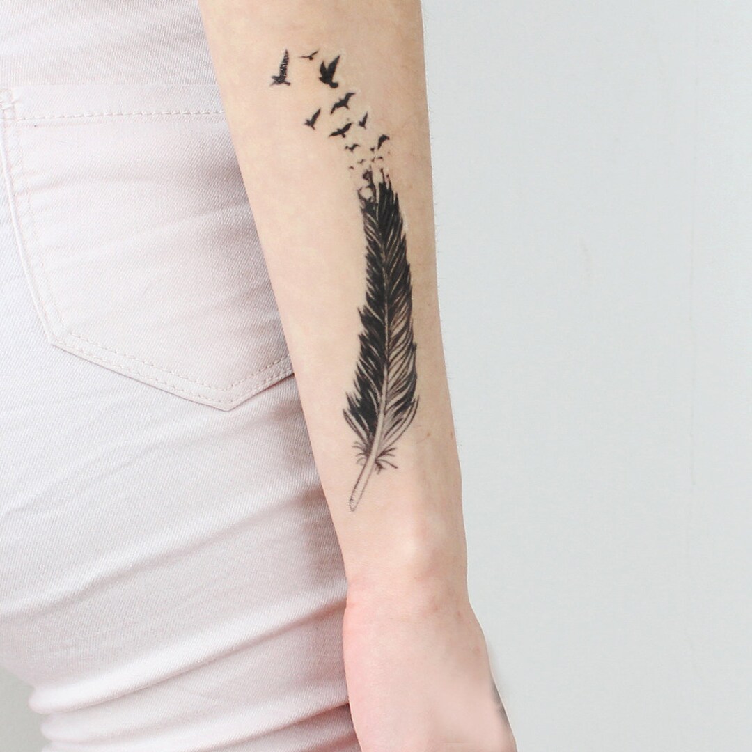 Feather With Flying Birds Temporary Tattoo Feather Flying Birds 