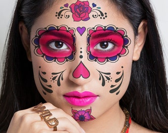 Sugar Skull Face Tattoo Set - Tatouages temporaires du jour des morts / Costume d’Halloween / Tatouages de crâne de sucre du jour des morts / Tatouage d’Halloween