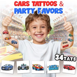 キッズタトゥー カーズタトゥーセット（34枚セット） - 子供用タトゥー / 車の一時的なタトゥー / レーシングカーのタトゥー 子供用 幼児 パーティーの記念品