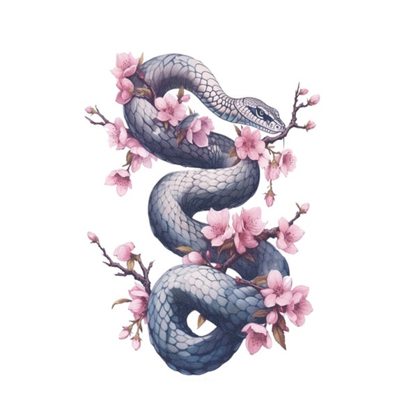 Sakura Snake Tattoo - Temporary Tattoo / Snake Cherry Blossom Tattoo / Snake in Flowers Tattoo / Large Snake Tattoo / Watercolor Snake