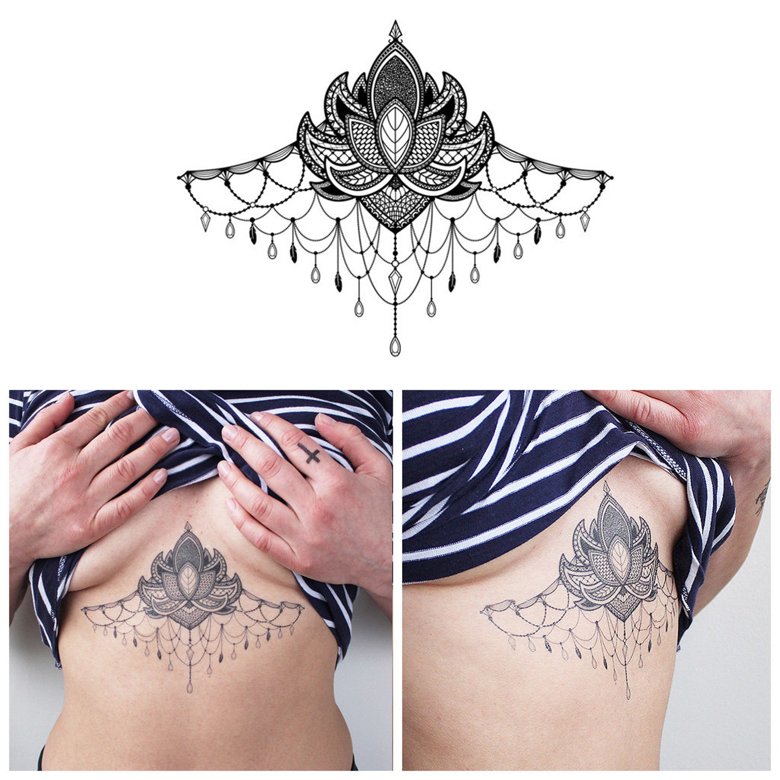 Large Underboob Sternum Flower Temporary Tattoo / Sternum image 1.