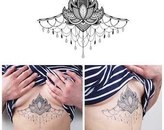 Large Underboob Sternum Flower - Temporary Tattoo / Sternum Tattoo / Underboob Tattoo / Realistic Tattoo/ Girl Tattoo/ Sexy Tattoo/ Festival