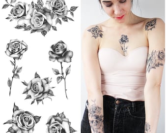 Roses Flower Set (Set of 6) - Temporary Tattoo / Realistic Roses Tattoo / Roses Tattoo / Flowers Tattoo/ Black Roses/Temporary Tattoo Floral