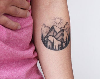 Serene Mountain - Temporary Tattoo / Mountain Peak Tattoo / Nature / Scenery Tattoo / Circle Tattoo / Circular Tattoo / Minimalist Tattoo