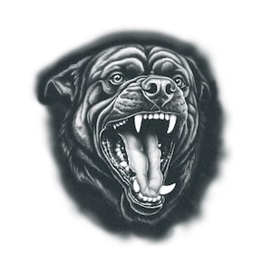 Puede incluir: Ilustración en blanco y negro de la cabeza de un perro Rottweiler con la boca abierta y mostrando los dientes. La imagen utiliza sombreado para definir los rasgos del perro, sobre un fondo oscuro y ovalado.