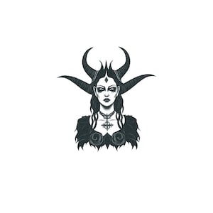 May include: A black and white illustration of a woman with horns and a cross necklace. She is wearing a dark dress with a jagged neckline.