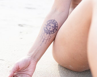 Sun & Moon Tattoo - Sun Temporary Tattoo / Mandala Sun Tattoo / Mandala Moon Tattoo / Yoga Tattoo / Buddhism Tattoo / Sun and Moon Tattoo