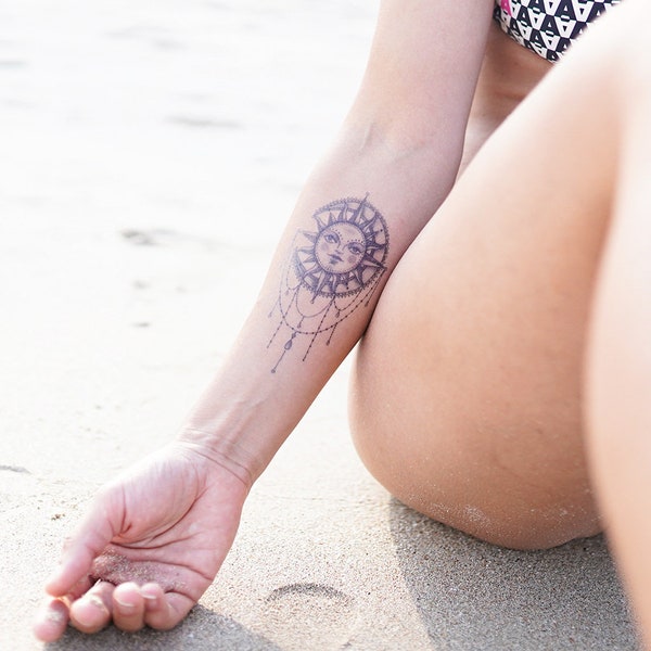 Sun & Moon Tattoo - Tatouage temporaire du soleil / Mandala Sun Tattoo / Mandala Moon Tattoo / Yoga Tattoo / Bouddhisme Tattoo / Sun and Moon Tattoo