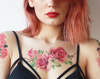 Large Watercolor Roses Tattoo / Watercolor Rose Temporary Tattoo / Watercolor Flower Temporary Tattoo /Floral Watercolor Tattoo/Large Flower
