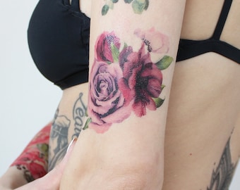 Violet Watercolor Roses - Violet Flower Temporary Tattoo / Watercolor Roses Temporary Tattoo / Girly Tattoo / Violet Floral Tattoo / Sexy