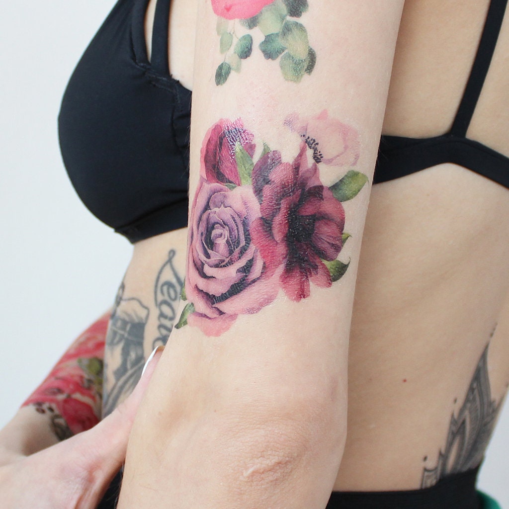Violet Watercolor Roses Violet Flower Temporary Tattoo / - Etsy Finland