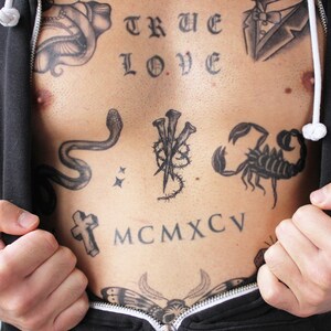 Puede incluir: El pecho de un hombre con varios tatuajes, incluyendo una serpiente, clavos, un escorpi&oacute;n, una cruz y los n&uacute;meros romanos MCMXCV. El texto "TRUE LOVE" tambi&eacute;n est&aacute; tatuado en el pecho.