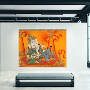 Oil ORANGE KERALA MURAL , Maliyoor Ganesha ,Polychromos pencil drawing, Ganesha and Little Krishan Original artwork