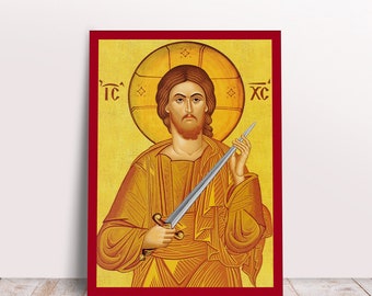 Jesus Christ with Sword Portrait Greek Byzantine Orthodox Christian handmade icon