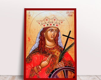 Saint Catherine "Aikaterini" of Alexandria Greek Byzantine Orthodox Christian handmade icon