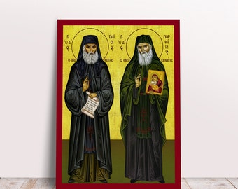 Saints Paisios of Mount Athos and Porphyrios of Kafsokalyvia Greek Byzantine Orthodox Christian handmade icon