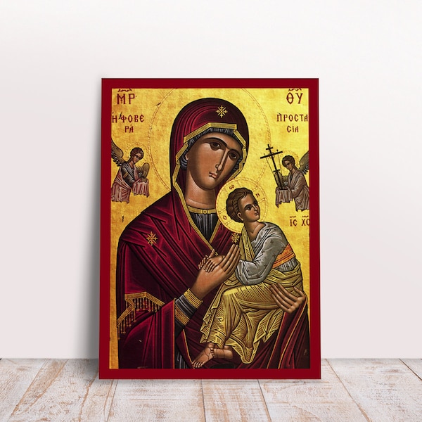 Heilige Jungfrau Maria Ehrfürchtiger Schutz "Fovera Prostasia" mit Jesus-griechisch-byzantinischen christlich christlich handgemachten Ikonen