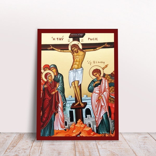 Crucifixion of Jesus Christ Goldprint Greek Byzantine Orthodox Christian handmade icon