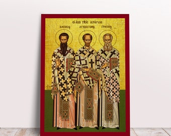 Saints Three Hierarchs (Saints Basil, Gregory and John) Fathers of the Church Greek Byzantine Orthodox Christian handmade icon