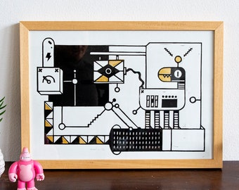 Robot Dog Poster - Linocut A3 Art Print - Black & Gold