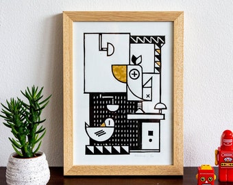 Robot Bird Poster - Linocut A4 Art Print - Black & Gold