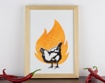 Hete kip (Spicy chicken) - A4 linocut print - Limited edition