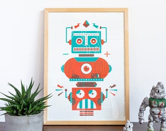 Totem Bot Robot Screen Print A3 - Colorful Limited Edition Handcrafted Artwork - Unique Robot-themed Decor