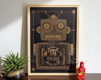 Limitierte Auflage Broke Bot RISO Print A3 - Gold Tinte auf schwarzem Papier - Schrullige Roboter Kunst
