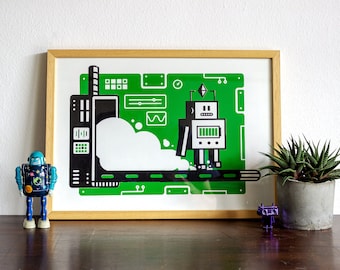 Hello World - Robot Screen Print - A3 Size, Gift for Robot Enthusiasts