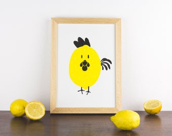 Humorvoller marokkanischer Lemon Huhn Art Print - A4, 2-farbiger Linoldruck auf 300g BIOTOP Papier