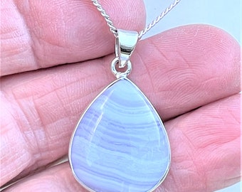 Blue Lace Agate Pendant with 18" Curb Chain - Sterling Silver