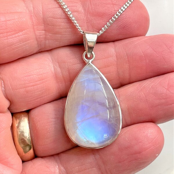 Large Rainbow Moonstone Pendant Necklace & Chain - Sterling Silver