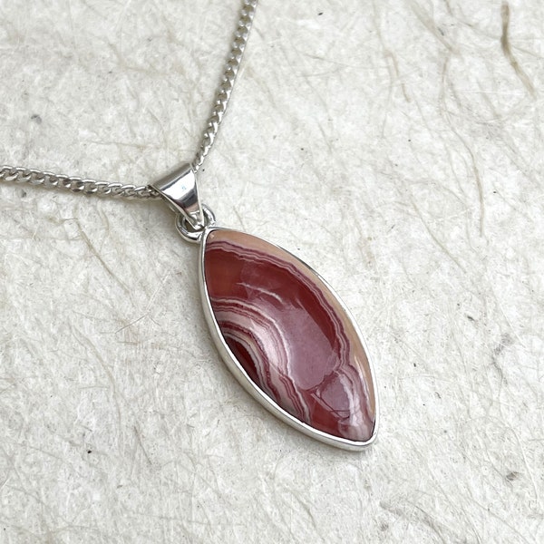 Beautiful Rhodochrosite Gemstone Pendant Necklace & Chain - Sterling Silver