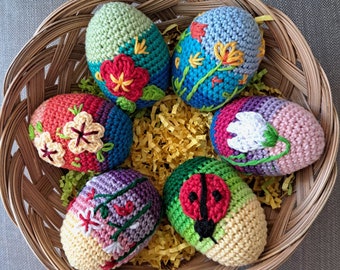 Handmade Crochet Embroidery Easter Eggs Set, Spring Home Decor, Easter Table Decor, Easter Basket Fillers