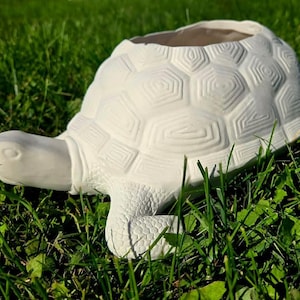 Może przedstawiać: Biała ceramiczna donica w kształcie żółwia leży na zielonej trawie. Żółw ma teksturowany pancerz z geometrycznymi wzorami i wydrążony wierzch do sadzenia. Widoczna jest głowa i nogi żółwia.