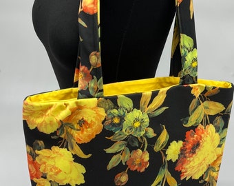 Floral print tote, scuba fabric Tote Bag , yellow green and black shopper, fully lined bag, birthday gift for her