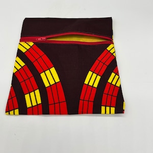 Brown and red zip pouch, Ankara African wax cotton purse, pencil pouch, Makeup purse