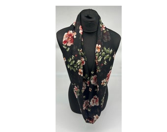 Floral black infinity chiffon scarf, black, red, green multicoloured loop scarf, gift for her