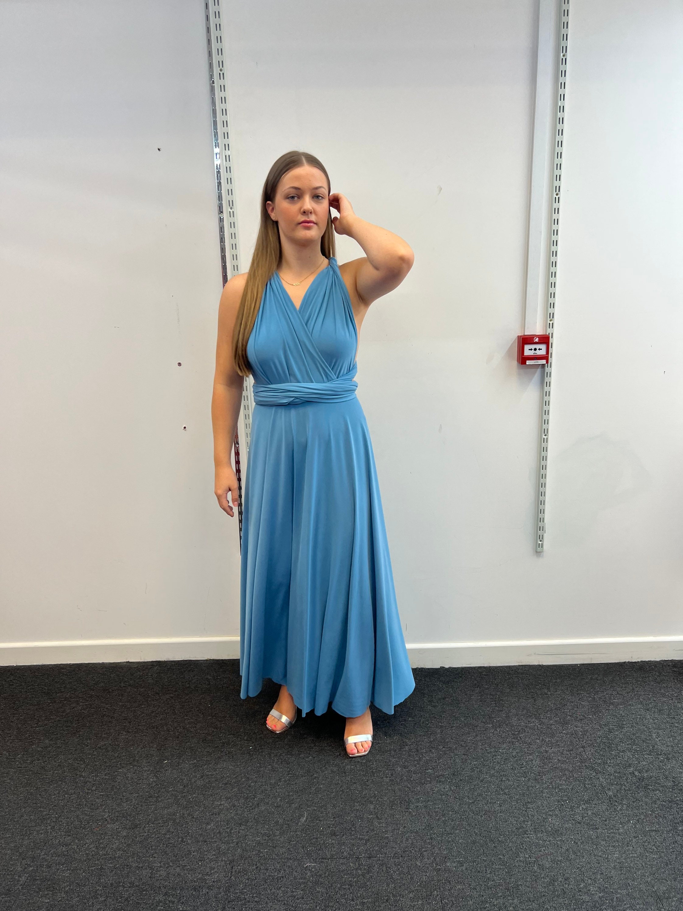 dusty blue multiway dress Dusty Blue Multiway Bridesmaid Dresses Off The Shoulder Floor Length  Stretch Satin Bridesmaid Dress With Pockets