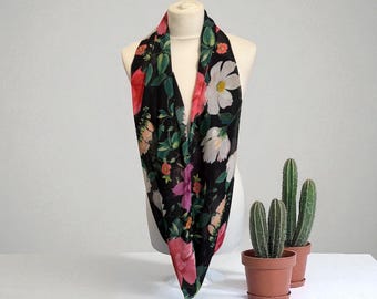 Black Silk Chiffon infinity scarf, green pink floral print loop scarf, gifts for her
