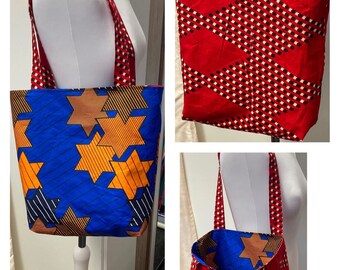 Royal blue and red tote, reversible bag, cotton shopper