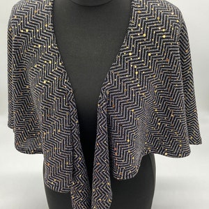 Black stretch lurex capelet, wedding, bridal or special occasion dress cover up,silver chevron and gold sequin detail