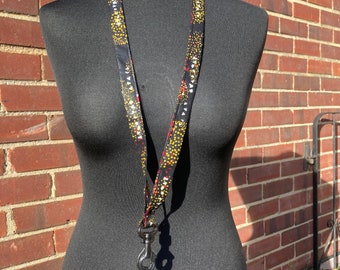 Lanyard noir, tissu de coton de cire d’Ankara, impression florale